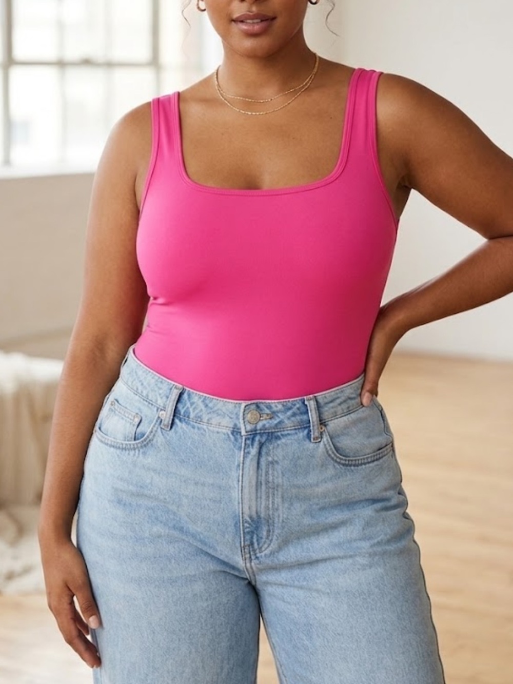 Women's Square Neck bodysuit in Hot Pink